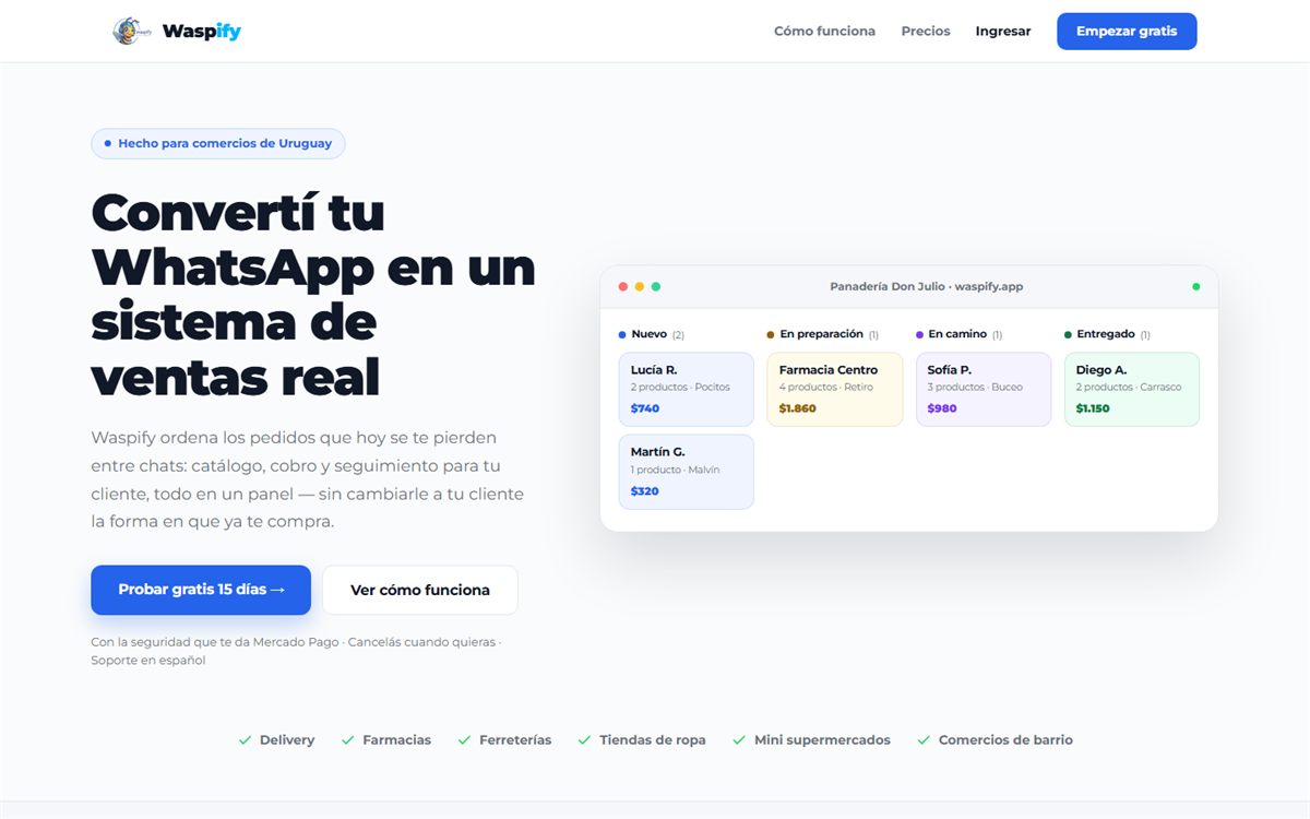 Página de inicio de Waspify con un tablero de pedidos
